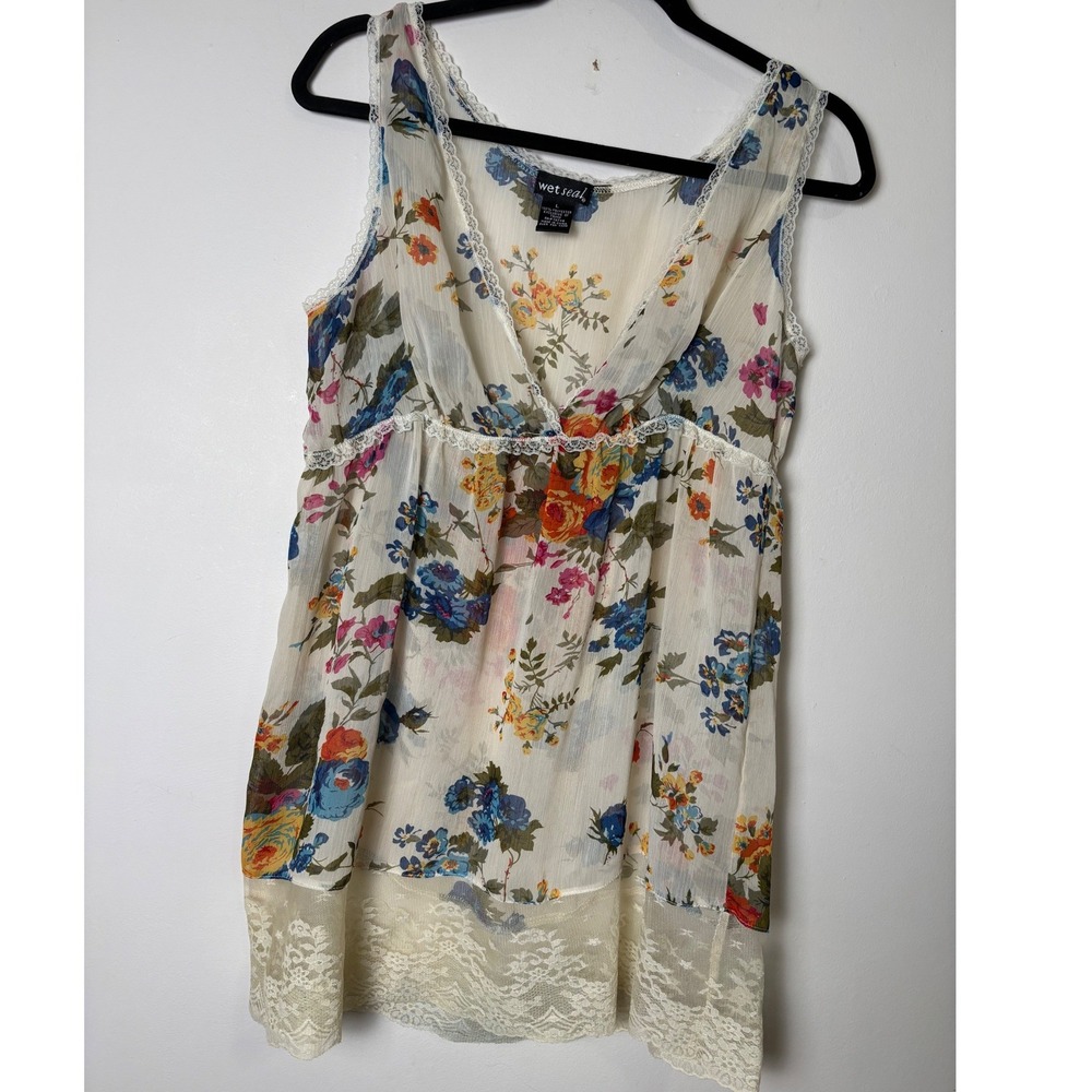 Wet Seal Sheer Garden Floral Babydoll Tunic Cami Top L Fairy Lace Boho Layering